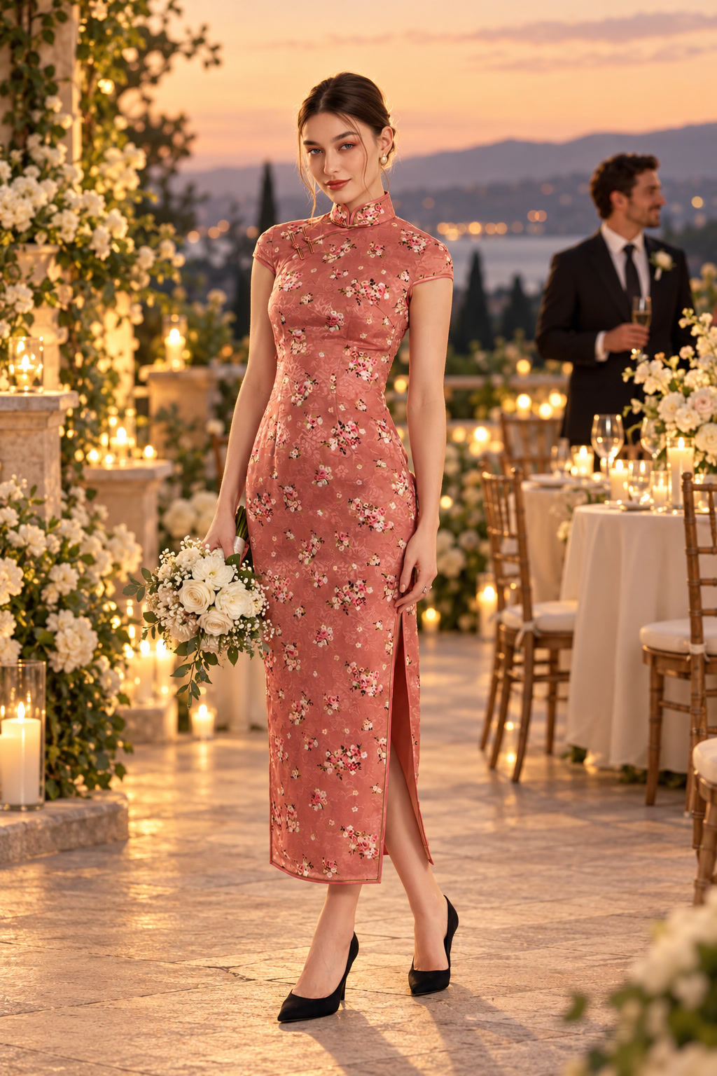 Styled bridal reception scene with a rose-pink floral Chinese Tailor qipao